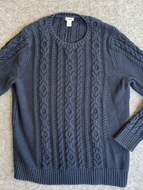 L L Bean Sweater Women's Large Blue Cable Knit Fisherman's Sweater Crewneck